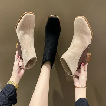 2021 Jesenski zimska obuća Ženske cipele na visoku petu Toplo pliš zimske ženske čizme Trendy ženske cipele na trgu pete 6 cm A3867