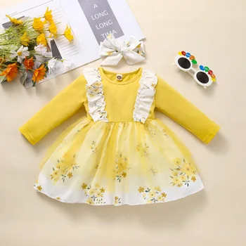 6 M-3 T Haljine za djevojčice Dječja haljina Jesen dugi rukav Cvjetni print ukrašen Žut сетчатое haljina + Povez za glavu Dječje odjeće na veliko