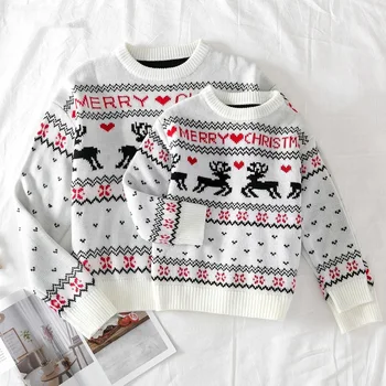 Danneis Božićni pulover okruglog izreza, obiteljske setove, jesen-zima, Božić pleteni puloveri s po cijeloj površini jelena, 2020 Nova godina