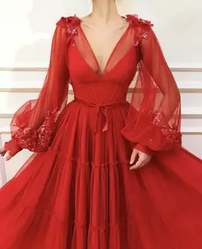Nova Crvena muslimansko večernjim večernja haljina 2022 trapeznog oblika s dugim rukavima Seksi haljinu od tila sa V-izrez Haljina za maturalne Haljine Po mjeri