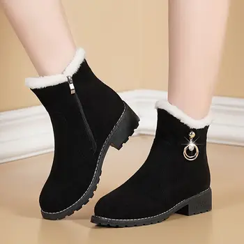 Nove ženske čizme Zimske ulične toplo krzno čizme i Vodootporne ženske zimske cipele s debelim petama s okruglom glavom, Kratke čizme Botas