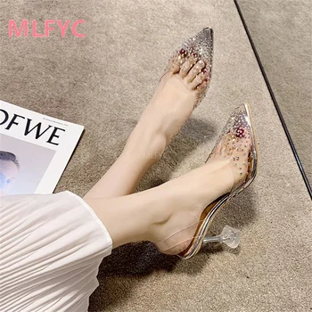 Sandale ženske 2022 nova ljetna haljina s oštrim transparentan cipele-одиночками od сетчатого crvenog kristala potpetica na visoku petu s suknju