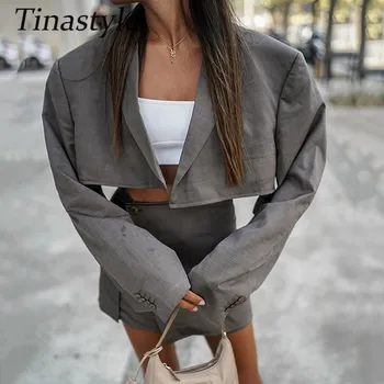 Tinastyle Zupčasti blazer na jedan preklopni Kit Za žene Ured lady Jakna dugih rukava visokim strukom linija Mini Kratke suknje Komplet od 2 predmeta