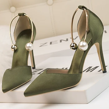 Trendy ženske cipele na štikle s visokim petama Svilene, ženske cipele-čamaca Novi dizajner s oštrim vrhom Ženske štikle Crvena Zelena Crna Ženske sandale
