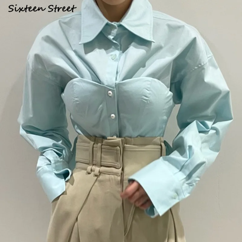Plava moderan однобортная košulja za žene s dugim rukavima 2022 Berba Proljetnih ženske majice Ulica odjeća Camisas Mujer Korejski moda 2