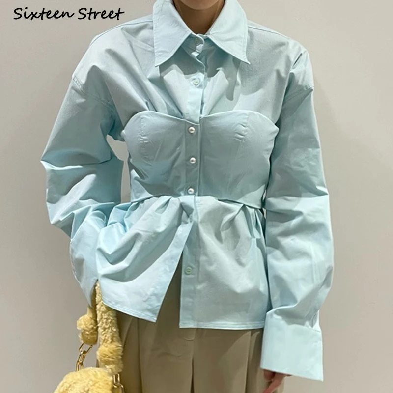 Plava moderan однобортная košulja za žene s dugim rukavima 2022 Berba Proljetnih ženske majice Ulica odjeća Camisas Mujer Korejski moda 4