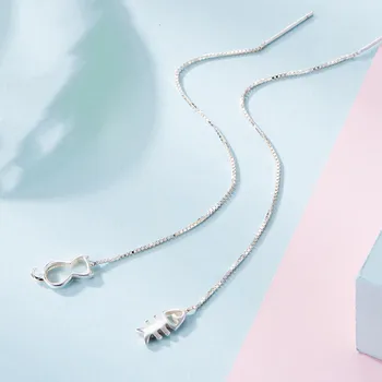 Šuplje Asimetrične Slatka Mačka Ribe s dugom Crtom uši Nitaste Naušnice od 925 sterling srebra Za žene Slatka jednostavne korejski nakit