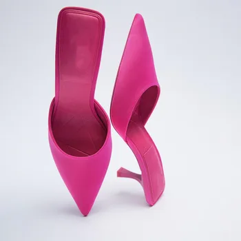 Ženske cipele ZAR DTM 2021 nove roza ženske papuče na visoku petu s oštrim vrhom